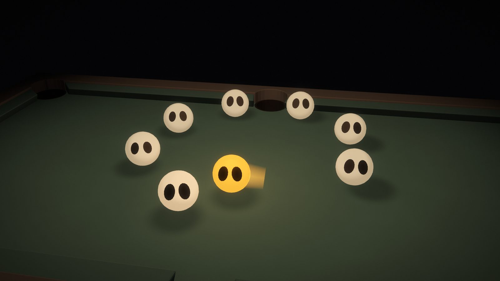 Eight balls on the break under the lamp, one of them amber