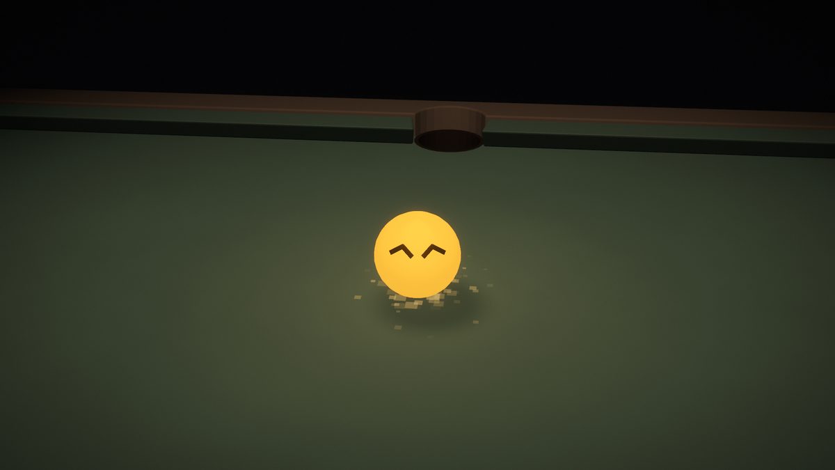 The last ball rolling, grinning under an amber shower